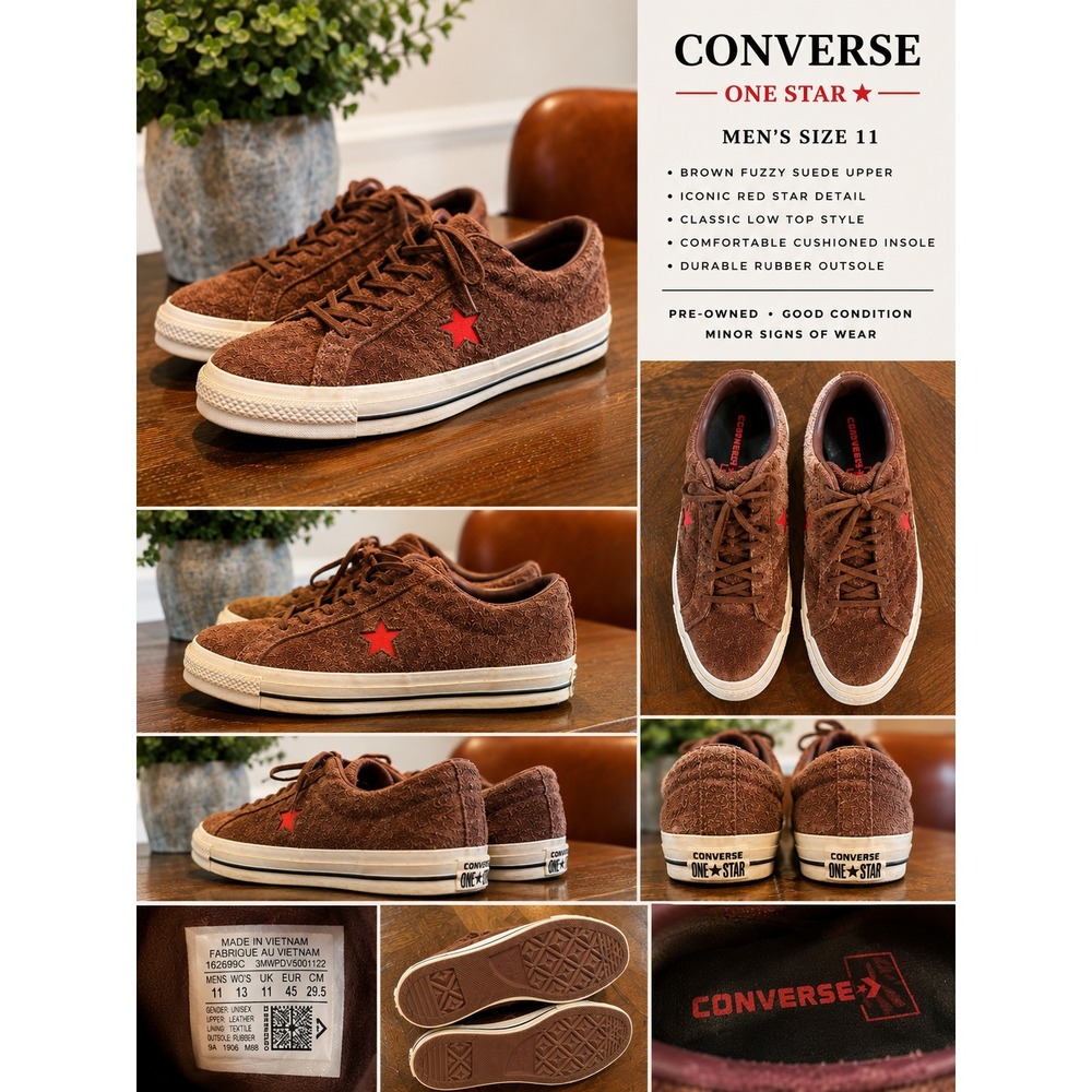 Converse One Star Men's Size 11 Brown Fuzzy Suede Low Top Sneakers Red Star